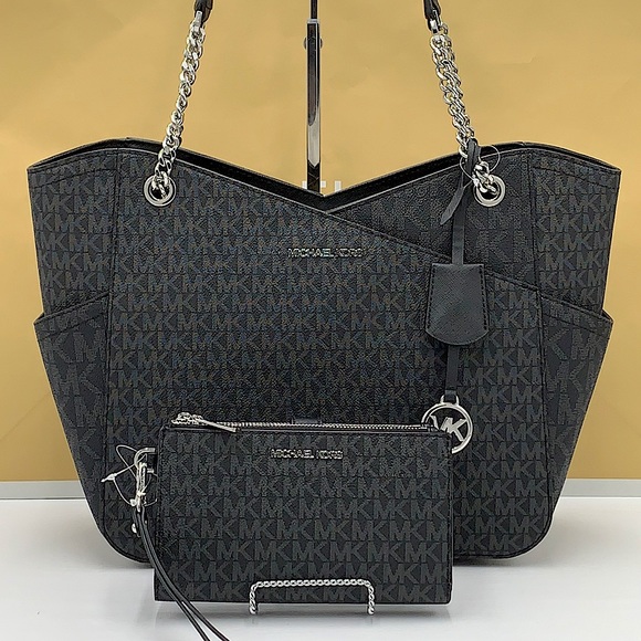 MICHAEL KORS LARGE X CHAIN SHOULDER TOTE & LARGE DOUBLE ZIP WALLET BLACK SIGNATR - Picture 2 of 16